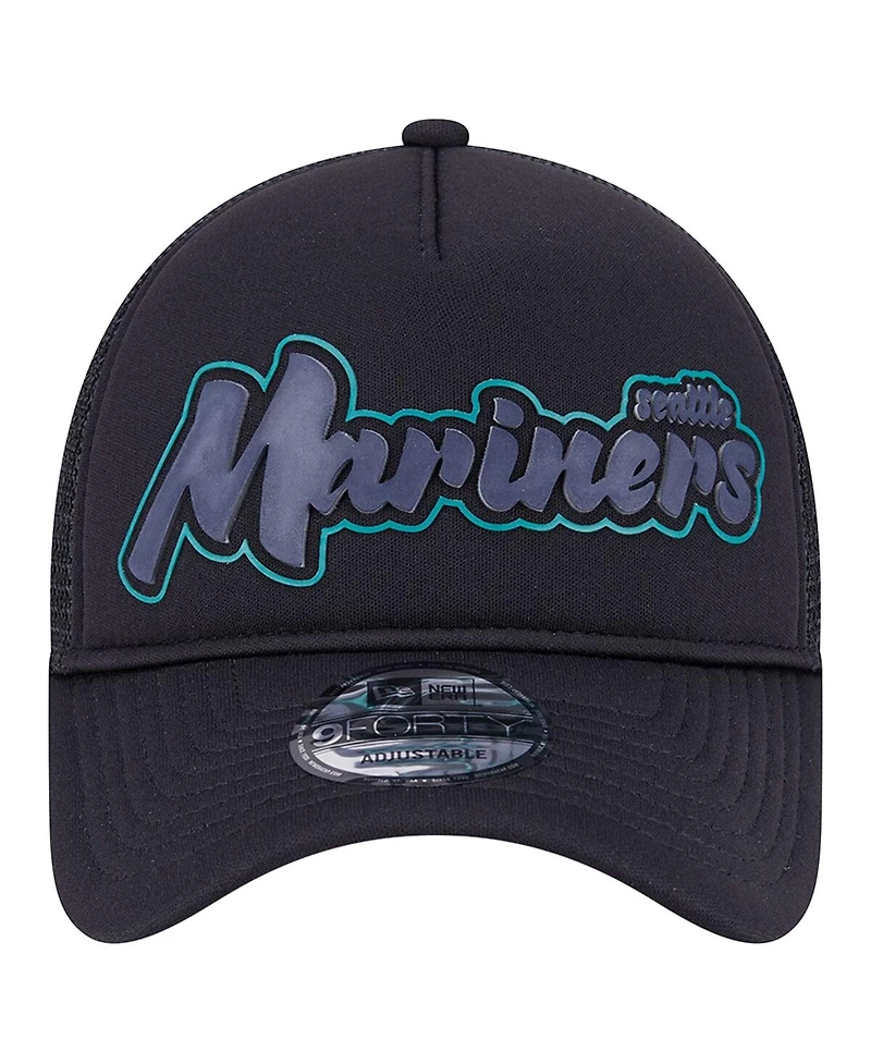 New Era Men's Black Seattle Mariners Retro Bold A-Frame Trucker 9FORTY Adjustable Hat