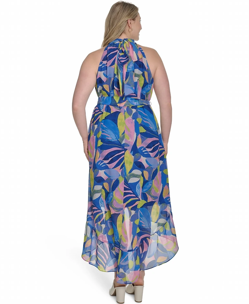Eliza J Plus Printed Chiffon High-Low Halter Dress