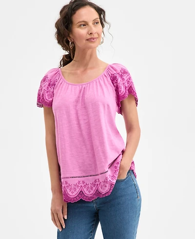 Style & Co Petite Embroidered Flutter-Sleeve Top, Exclusively at Macy's