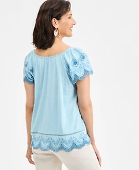 Style & Co Petite Embroidered Flutter-Sleeve Top, Exclusively at Macy's