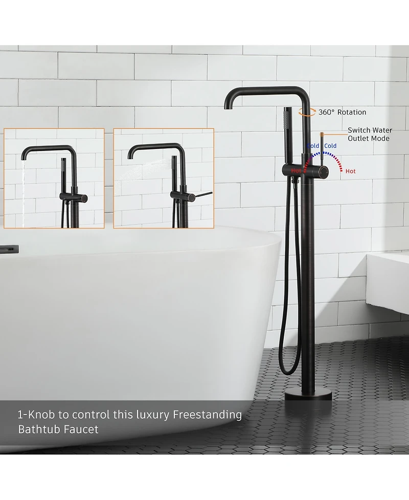 Floor Mount Bathtub Faucet Freestanding Tub Filler Standing High Flow Shower Faucets Shower Mixer Taps, Swivel Gooseneck Spout with Cylinder Handheld