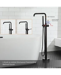 Floor Mount Bathtub Faucet Freestanding Tub Filler Standing High Flow Shower Faucets Shower Mixer Taps, Swivel Gooseneck Spout with Cylinder Handheld