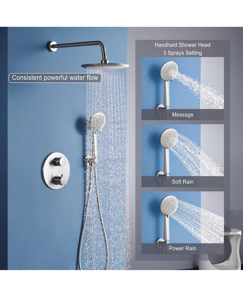 9.5 Inch Wall Mount Dual Shower Heads Shower System with Handheld Sprayer 5-Spray Patterns Shower with Thermostatic Valve in Brushed Nickel