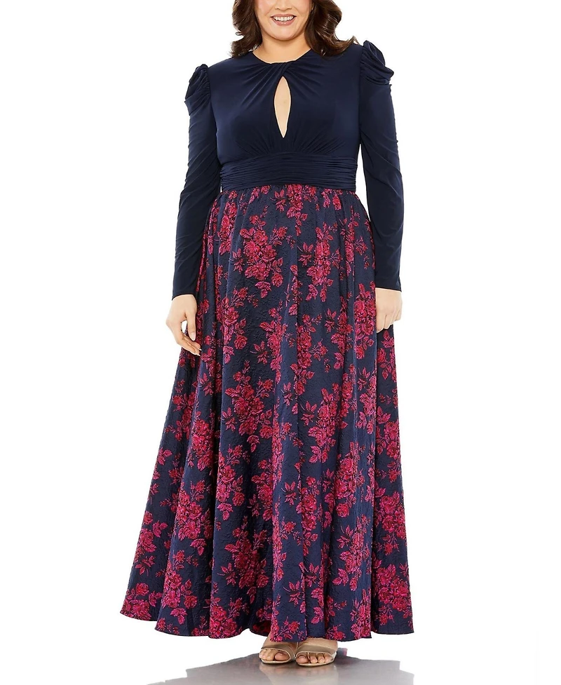 Mac Duggal Plus Long Sleeve Keyhole Knot Neck Floral Bottom Gown