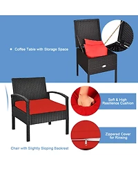 Gymax 3 Piece Outdoor Rattan Conversation Furniture Set w/ Cushion & Storage Table