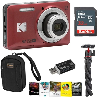Kodak Pixpro FZ55 Friendly Zoom Digital Camera, Red, With Sd Card, Camera Bag, Tripod, Photo Editing Software, Card Reader