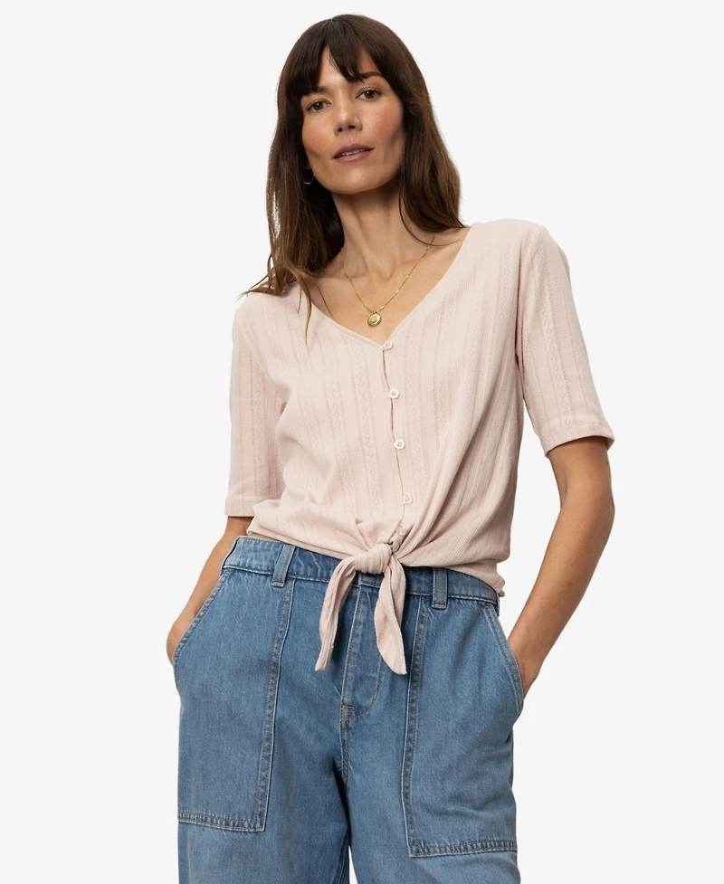 Sanctuary Women's Cotton Pointelle Tie-Front Top