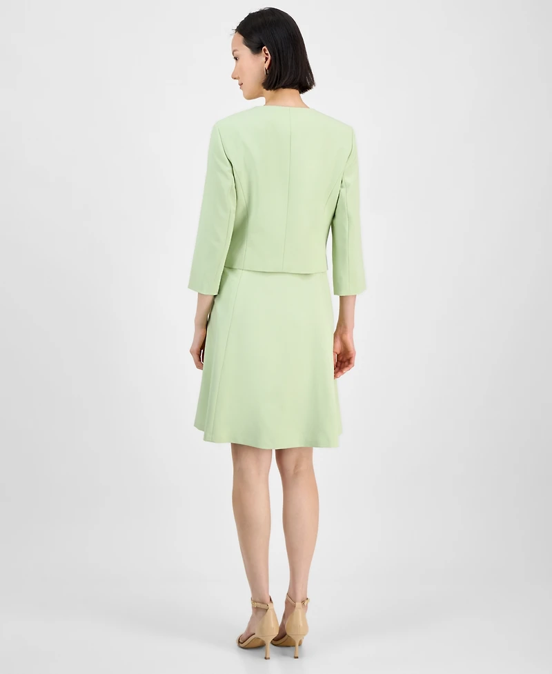 Le Suit Women's Collarless Open-Front Bolero & Scoop-Neck Sleeveless Fit Flare Dress Set, Regular Petite