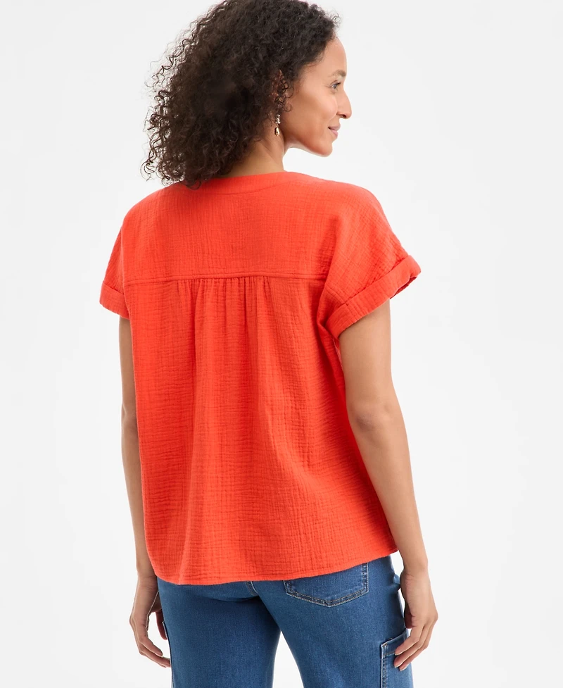 Style & Co Women's Cotton Gauze V-Neck Short-Sleeve Top, Exclusively at Macy's