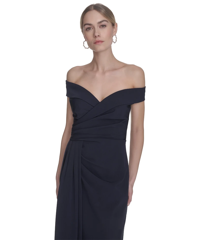 Eliza J Petite Off-The-Shoulder Side-Drape Crepe Gown