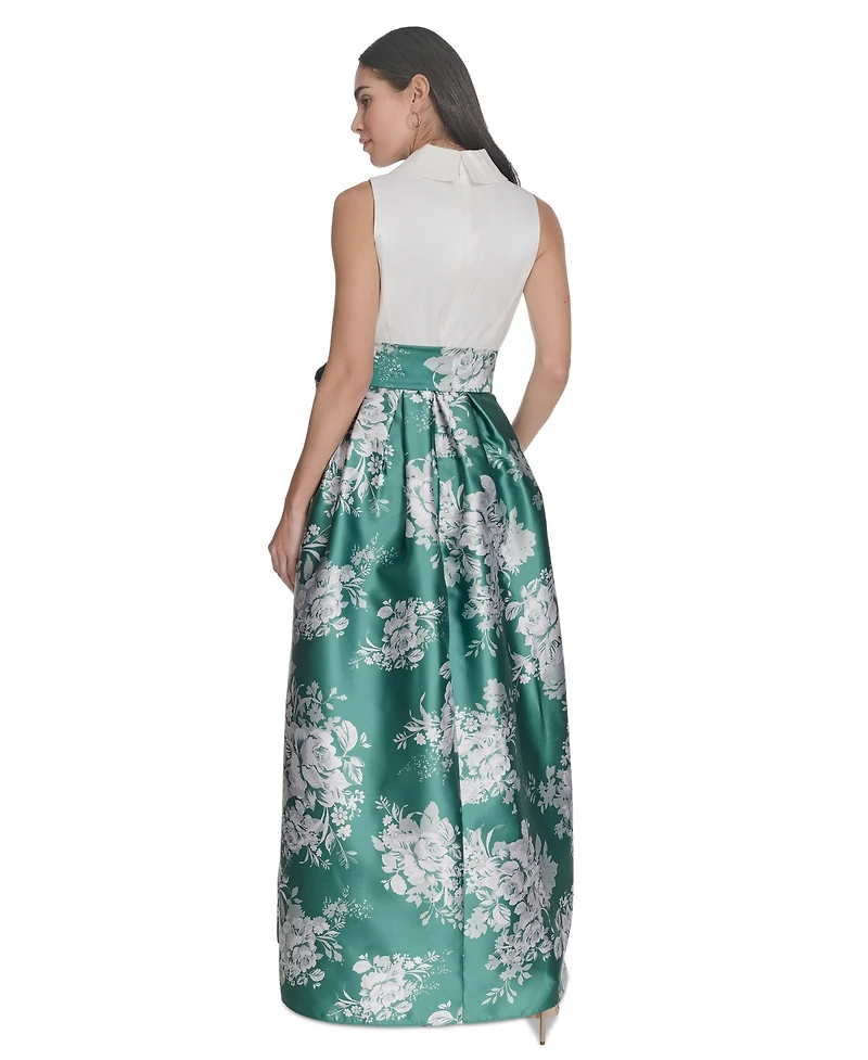 Jessica Howard Petite Mixed-Media V-Neck Pleated Gown