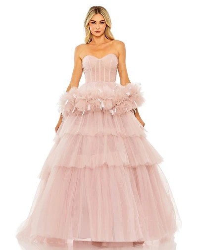 Mac Duggal Women's Strapless Tulle Gown with Feather Detail