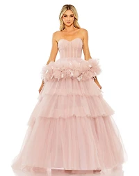 Mac Duggal Women's Strapless Tulle Gown with Feather Detail