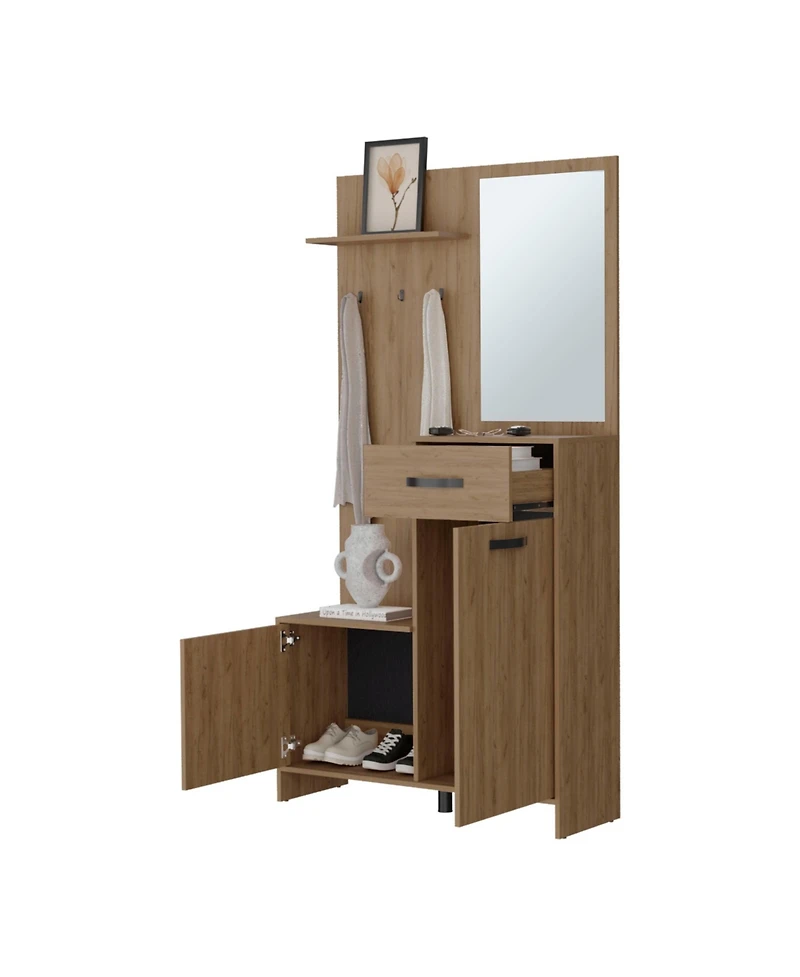 Fm Furniture Elko Hall Tree Multistorage with a Mirror, Natural Oak