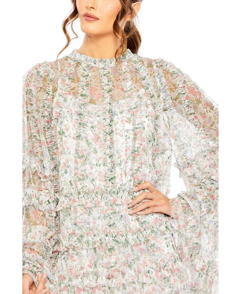 Mac Duggal Women's Floral Print Long Flare Sleeve Mesh A-Line Dress