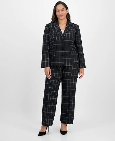 Le Suit Plus Windowpane Check Notch Collar Pantsuit