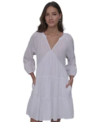 Dkny Jeans Women's Cotton Split-Neck Tiered Dress - WHT