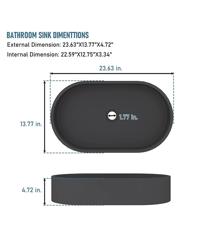24x14 Inch Oval Bathroom Cement Art Basin with Matching Pop-Up Drain - Durable, Elegant, and Easy to Maintain