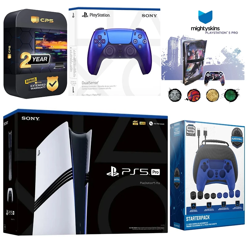 Sony PlayStation 5 Pro with Extra Controller, Gamer Starter Kit and MightySkins Decal Voucher Plus 2 Year Cps Extended Warranty