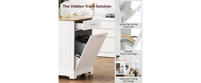 White Mdf Wood Kitchen Cart with Single Door Cabinet and Four Casters