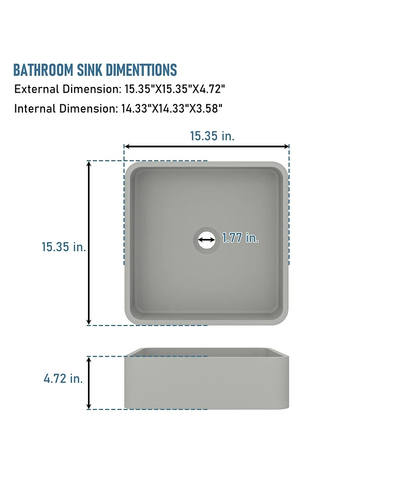15.35 Inch Square Bathroom Cement Art Basin with Matching Pop-Up Drain - Durable, Stylish, and Easy to Clean