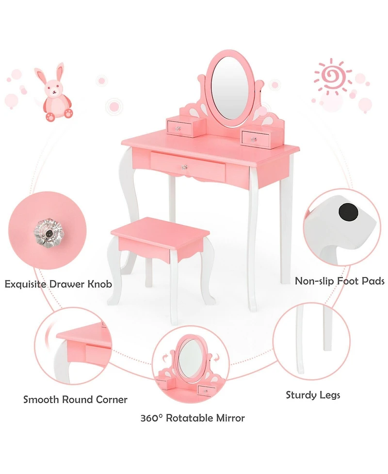 Kids Vanity Princess Makeup Dressing Table Stool Set with Mirror and Drawer