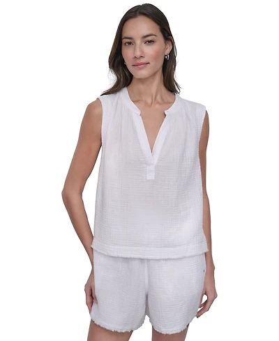 Dkny Jeans Women's Sleeveless Double-Crepe Gauze Crop Top - Wht
