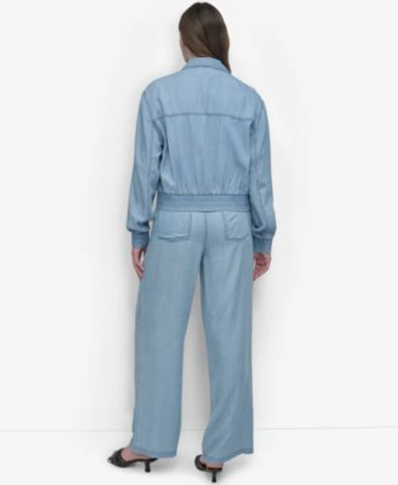 Dkny Womens Chambray Zip Front Bomber Jacket Chambray Wide Leg Pants