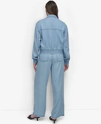 Dkny Womens Chambray Zip Front Bomber Jacket Chambray Wide Leg Pants