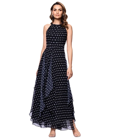 Betsy & Adam Petite Halter-Neck Sleeveless A-Line Gown