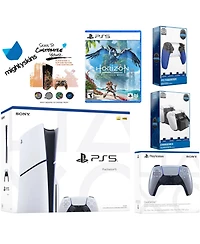 Sony Playstation 5 Slim Disc Bundle with Horizon Forbidden West, Extra Controller, Trigger Stop Kit, Dual Charge Dock and MightySkins Decal Voucher