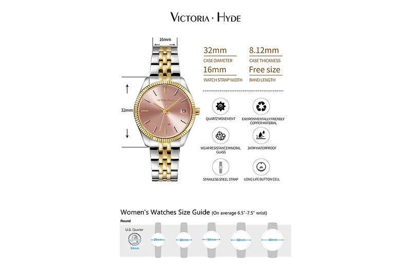 Women's Watch 32mm Dial Calendar Stainless Steel Strap Victoria Hyde