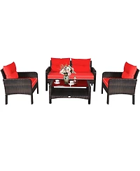 Costway 4PCS Patio Rattan Furniture Set Loveseat Sofa Coffee Table Garden W/Red Cushion