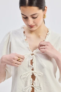 Reistor Women's Relaxed Fit Top With Ruffles and Front-Ties Cream
