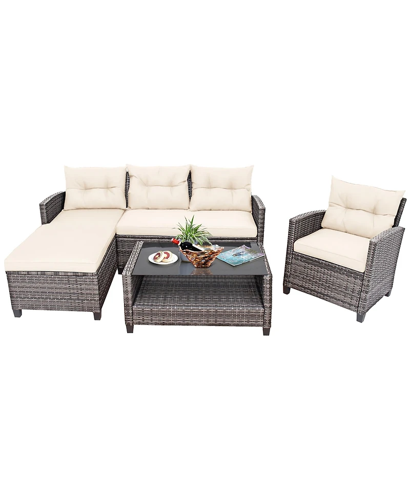 Gymax 4 Piece Rattan Outdoor Conversation Sectional Sofa Set Patio Furniture Set w/ Cushions