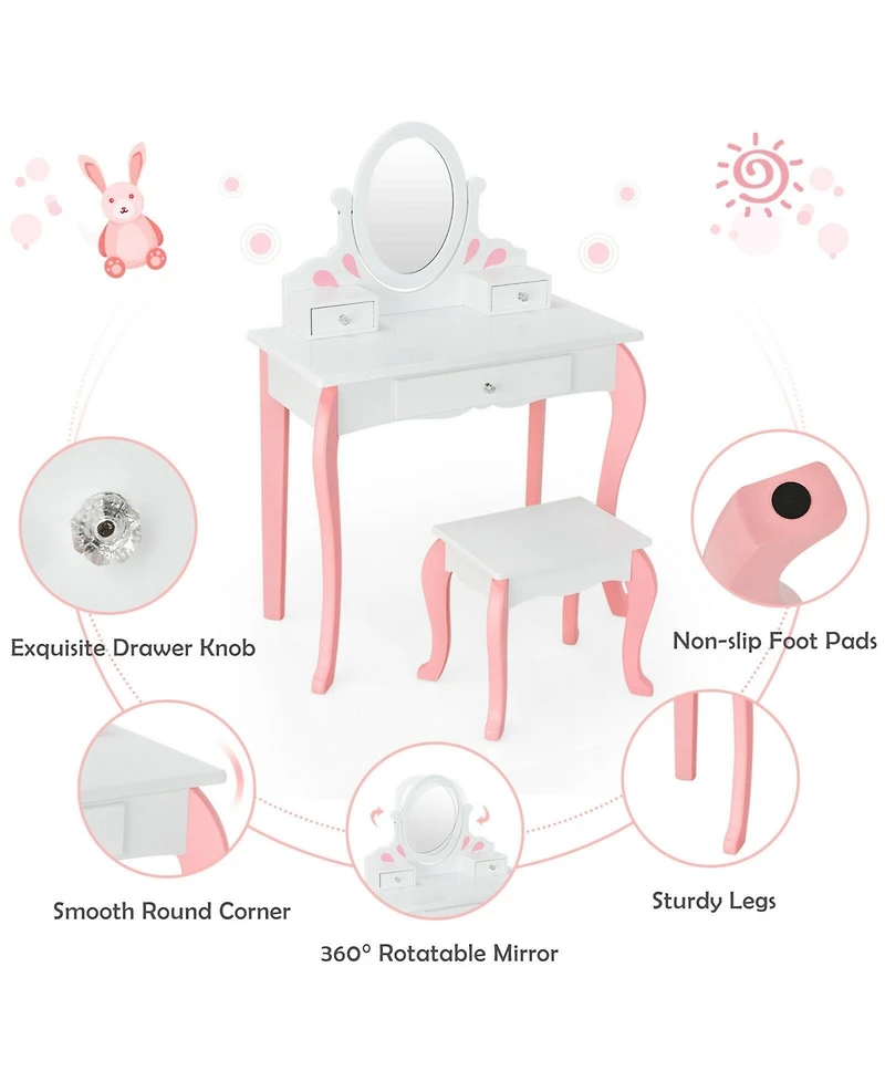 Kids Vanity Princess Makeup Dressing Table Stool Set with Mirror and Drawer