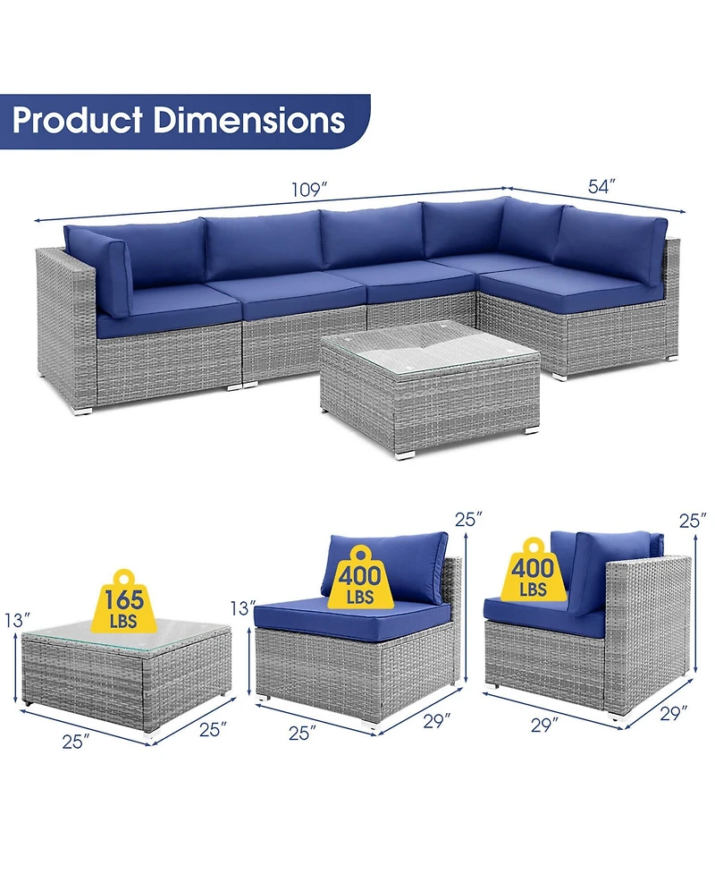 Gymax 6 Piece Rattan Sectional Sofa Set Patio Conversation Furniture Set w/ Cushions