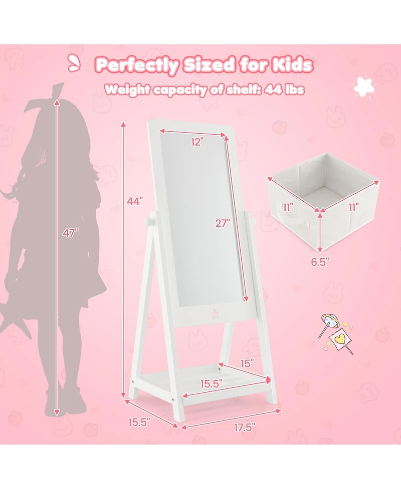 Kids Full Length Mirror 360 Degree Rotatable Dressing Mirror with Storage Bin