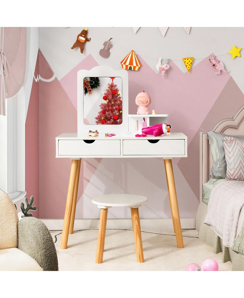 Kid Vanity Table Chair Set with Mirror and 2 Large Storage Drawers