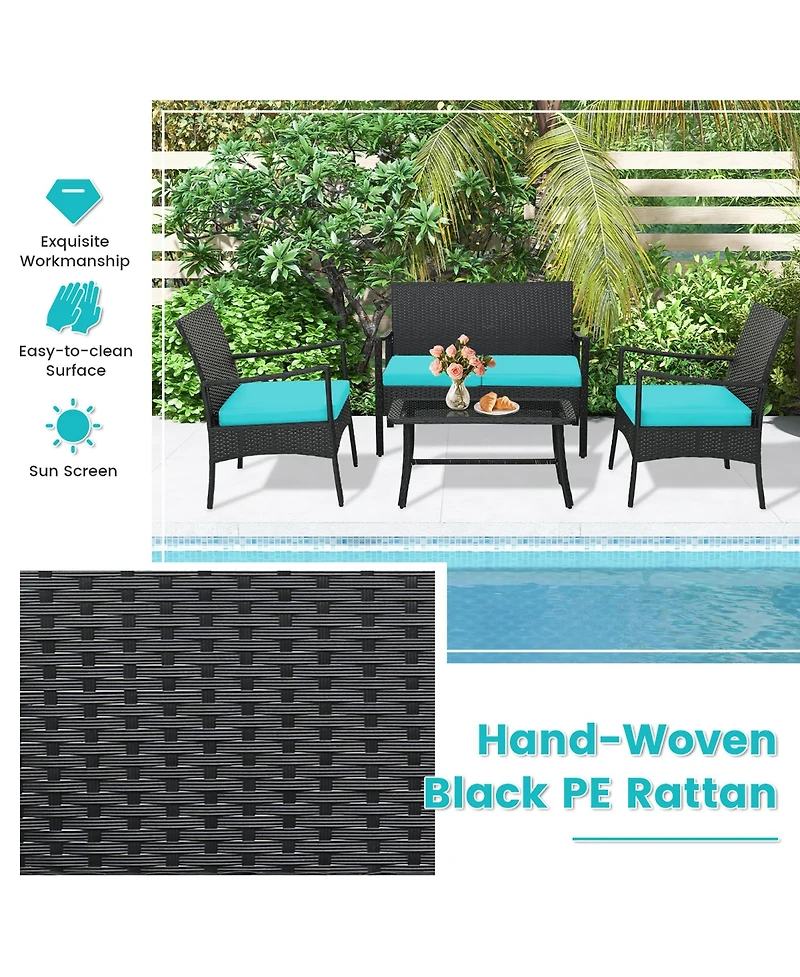 Gymax Piece Outdoor Pe Wicker Furniture Conversation Set Patio Rattan w/ Table Sofa Chair