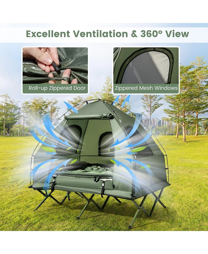 Camping Tent Cot, 5-in-1 Folding Camping Bed with Air Mattress, Pillow, Sleeping Bag, Waterproof Elevated Tent Shelter, Portable Outdoor Sleeping Cot
