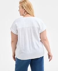 Style & Co Plus Size Solid V-Neck Camp Shirt, Exclusively at Macy's