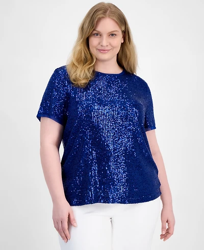 Anne Klein Plus Sequin-Embellished Short-Sleeve Top