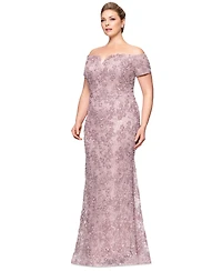 Xscape Plus Size Short-Sleeve Lace Off-The-Shoulder Gown
