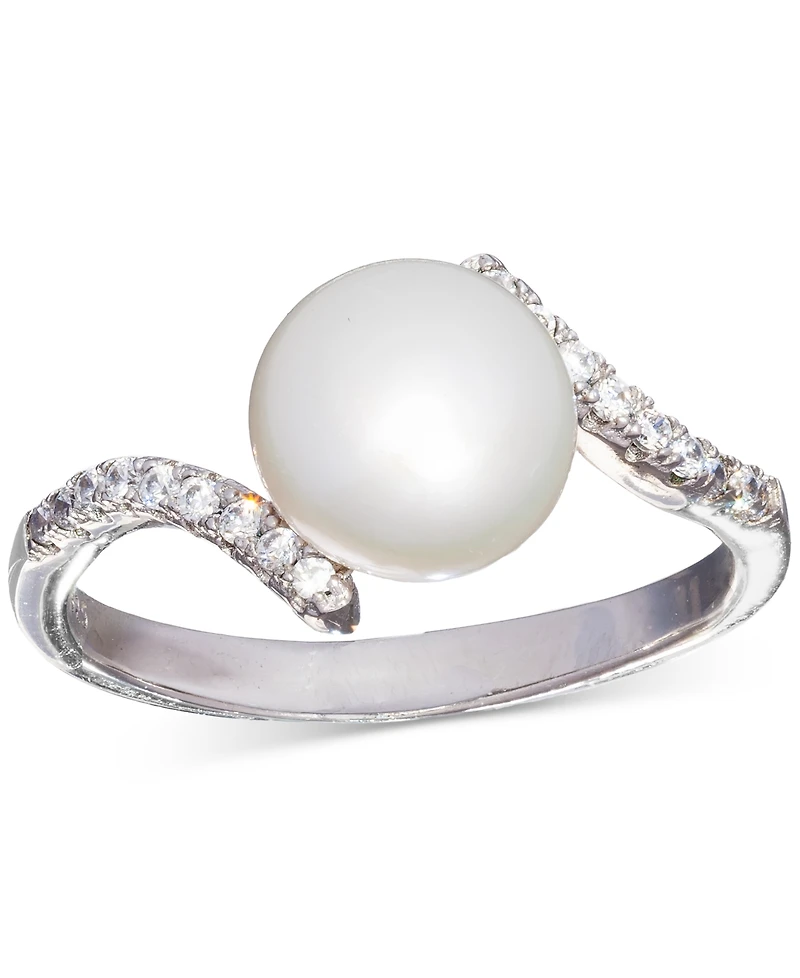 Cultured Freshwater Pearl (8mm) & Cubic Zirconia Bypass Swirl Ring in Sterling Silver