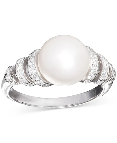 Cultured Freshwater Pearl (10mm) & Cubic Zirconia Swirl Coil Ring Sterling Silver