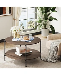 Wlive Round Coffee Table, Living Room Table with 2-Tier Storage Shelf,32in Wood Modern Coffee Table with Metal Frame and Wood Desktop,Easy Assembly&#x