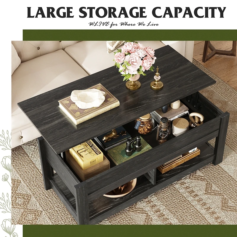 Wlive Coffee Table, 47" Lift Top Coffee Table with Hidden Compartment and 2 Storage Shelves for Living Room, Espresso