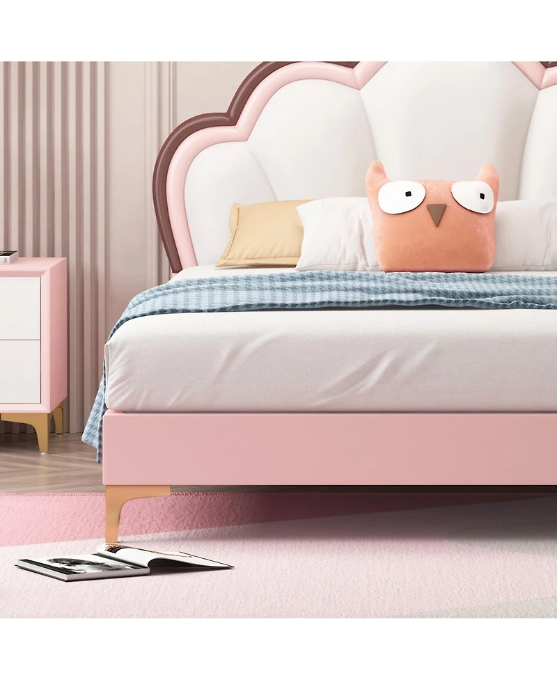 Queen Size Platform Bed Frame with Crown Shaped Headboard, Large Full Children's Bed Frame, Single Double Bed with Pu Leather Headboard