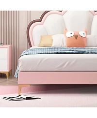 Queen Size Platform Bed Frame with Crown Shaped Headboard, Large Full Children's Bed Frame, Single Double Bed with Pu Leather Headboard